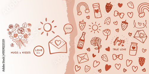 A colorful doodle collection featuring hearts flowers and love themed illustrations