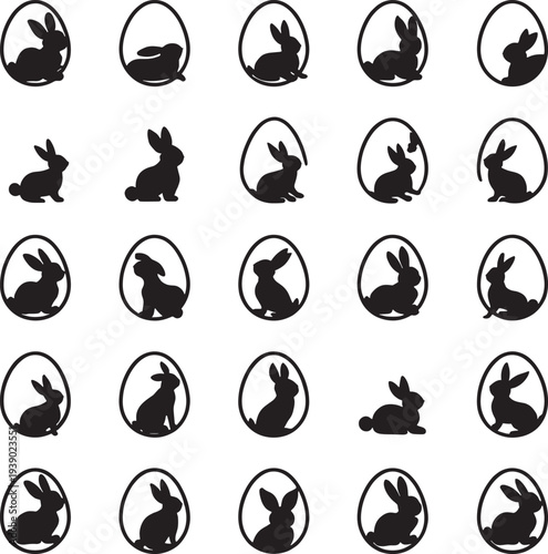 Black Silhouette Rabbits Circular Frames Pattern Easter Holiday Vector Illustration