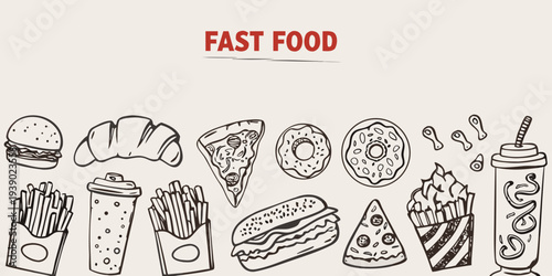 Hand drawn illustration of various fast food items and drinks