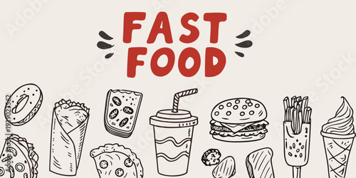 Hand drawn illustration of various fast food items with text overlay