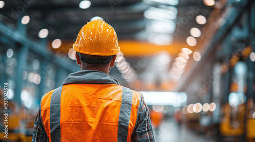 construction engineer wearing orange safety helmet and vest representing workplace protection and safety regulations in factory