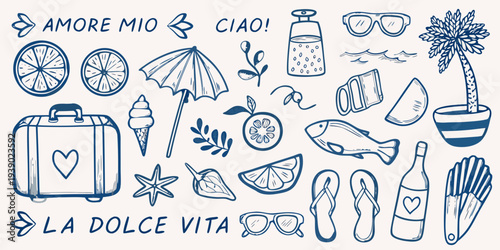 Italian summer doodles featuring citrus beaches and travel items