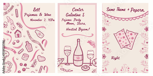 Galentine s party invitation designs featuring pajamas wine and hearts