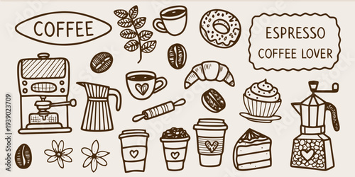 Hand drawn coffee elements including beans cups and brewing equipment