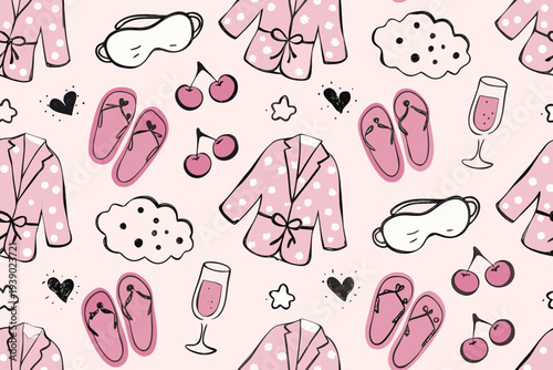 Playful pattern of pink sleepwear cherries and relaxing accessories
