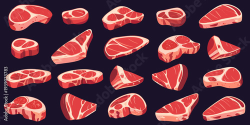 Variety of raw meat cuts displayed in a colorful illustrative style