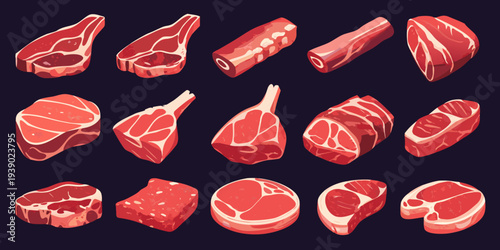 Various cuts of raw red meat displayed in a flat illustrative style