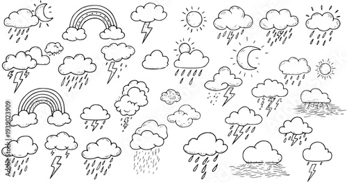 Hand Drawn Black and White Line Art Weather Icons: Sun, Clouds, Rain, Lightning, Rainbows, Moon