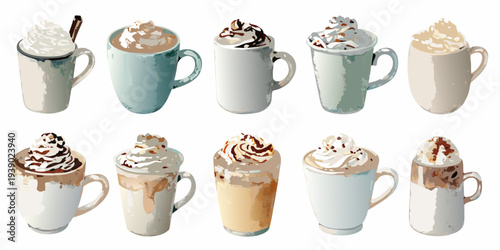 A collection of illustrated mugs filled with various hot beverages