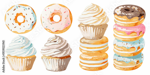 Colorful illustration featuring stacked donuts and frosted cupcakes