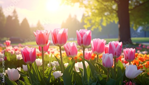 Vibrant tulips bask in warm sunlight, with blurred background greenery and a sunny, glowing sky
