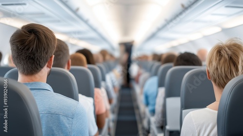 Rows of passengers sit in anticipation, their eyes fixed ahead as the plane prepares for departure. The cabin buzzes with the energy of travel and adventure