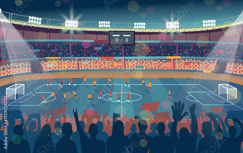 Soccer match in a large stadium with players competing on the field while fans cheer in the stands. Bright stadium lights illuminate the pitch during a night game. Concept of professional sport compet