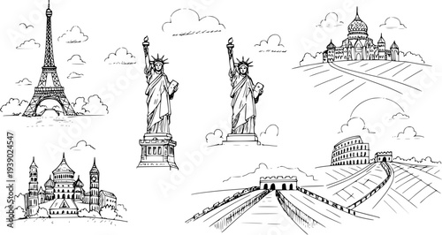Travel and Tourism Industry: Famous World Landmarks Black and White Line Art Sketch Collection with Eiffel Tower, Statue of Liberty, Colosseum, and Great Wall of China