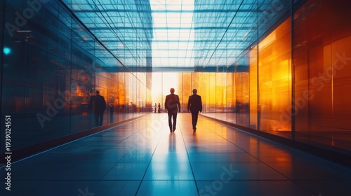 Group of Business people walking in the office corridor in night,People in business center walking at hall,motion go around at coworking space,Wide image,Concept of office life,co working space.