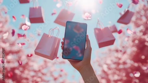 Smartphone with exploding icons of shopping in spring season, discounts and digital payment solutions, pastel theme,sakura blossom concept.