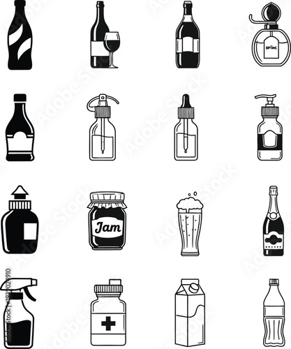 "Monochrome seamless pattern with drink and baby bottle silhouettes: milk bottle, baby feeder, juice, perfume, sauce squeeze bottle, jar – flat vector icons background for parenting, beverage 