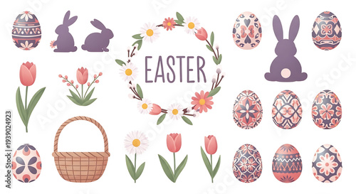 Easter eggs, bunnies, tulips, and a basket with floral wreath for festive holiday celebration designs