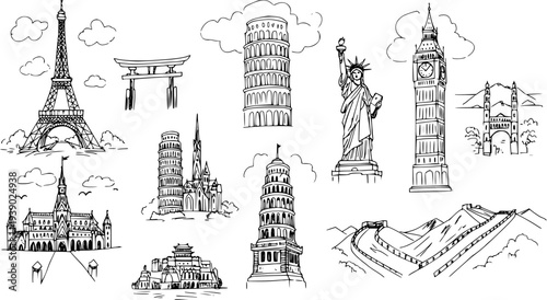 Hand-drawn black and white line art set of famous world travel landmarks and architectural monuments for tourism design.
