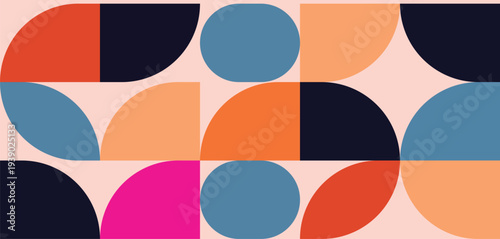 Geometric pattern, retro design, vibrant colors, orange yellow purple, quarter circles, abstract composition, vintage style, symmetrical layout, mid-century modern, minimalist shapes,