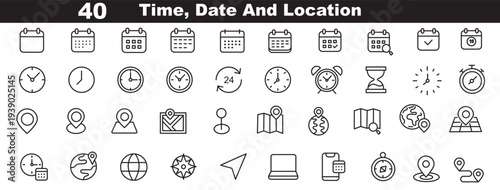 Time and location icons, hourglass, calendar, clock, pin, flag, stopwatch, globe pointer, minimal line style for maps, schedule planner, interface ui pack, vector illustration