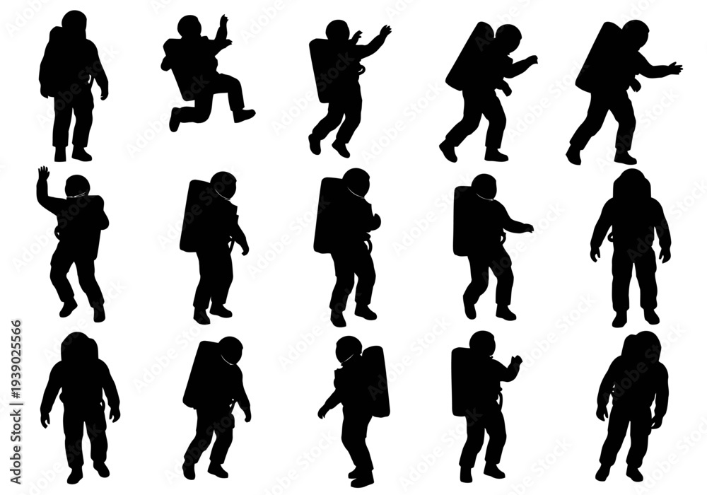 Fototapeta premium Astronaut silhouettes set featuring space explorers in movement