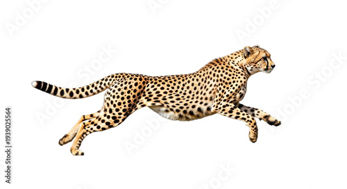 Isolated cheetah running at full speed with all four legs off the ground at once, no background