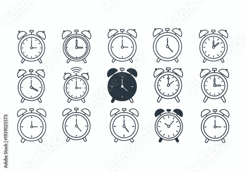 Alarm clock icon collection showing various times and bell styles