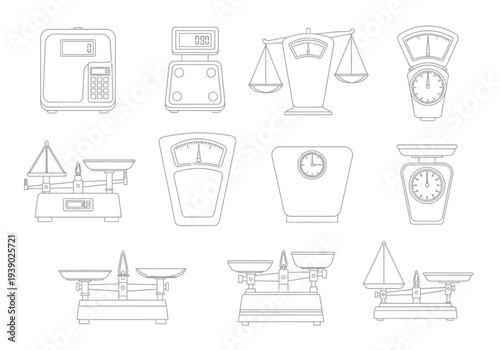 Collection of various types of weighing scales illustration