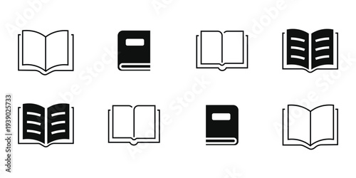 Open and Closed Book Icons Set Outline and Silhouette Style Vector