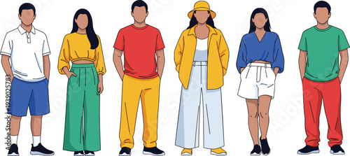 Diverse young people group in colorful casual fashion outfits standing together flat vector illustration men women trendy clothing isolated on white