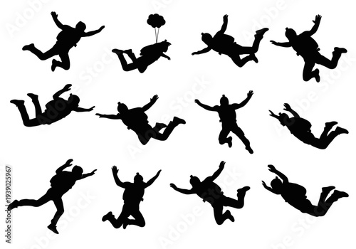 Multiple skydiver silhouettes on a white background vector illustration set