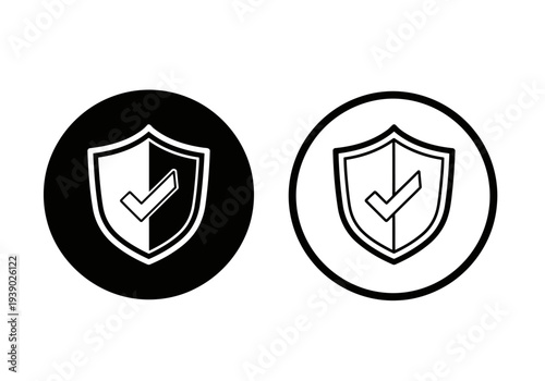 Security shield icon set with check mark in black and white style