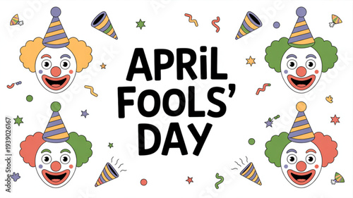 Four colorful clowns with party horns and confetti celebrate april fools' day on a white background with festive decorations