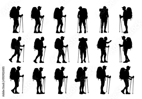 Set of black silhouette hikers with backpacks and walking sticks