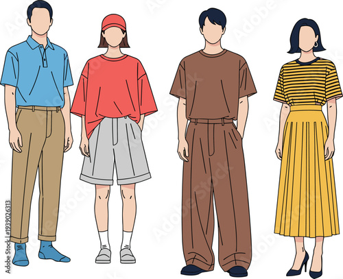 Diverse young people in trendy casual outfits with polo shirts, oversized tees, wide pants and pleated skirt, modern flat vector fashion illustration