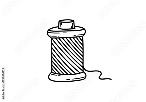 Sewing thread spool with needle and string on white background