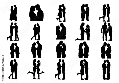 Silhouettes of couples in romantic embrace, love and togetherness concept