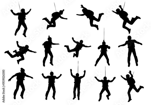 Skydivers silhouette set free fall parachute sport extreme activity