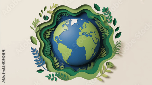 Illustration of earth surrounded by green leaves and foliage symbolizing environmental conservation and global unity in a vibrant hand drawn style