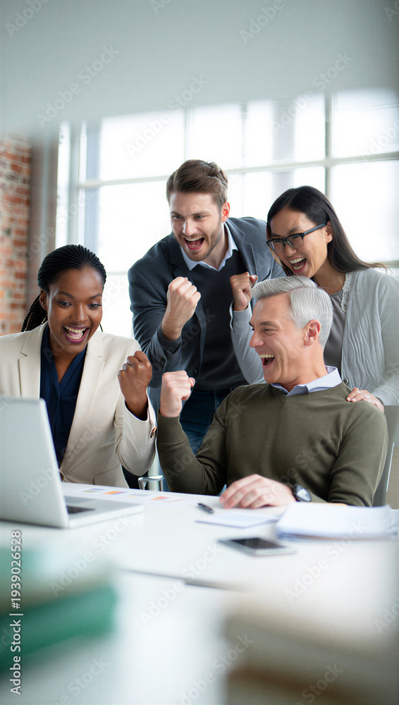 Fototapeta premium Dedicated business unit erupting into an explosive, synchronized victory cheer while watching a critical financial milestone clear on their live data dashboard.