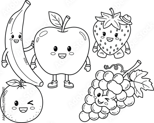 Colouring page of happy fruits fun illustration for kids to colour
