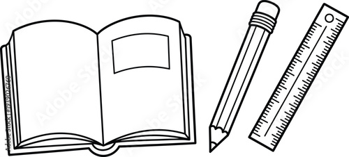 Colouring page of a book pencil and ruler for kids educational activities