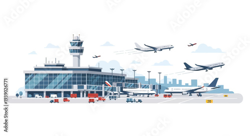 Airport Terminal with Planes and Control Tower.