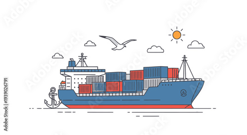 Blue Cargo Ship with Containers at Sea.