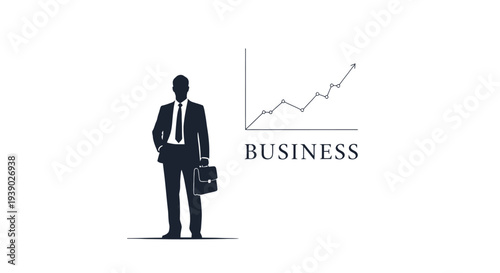 Businessman standing with briefcase and growth chart.