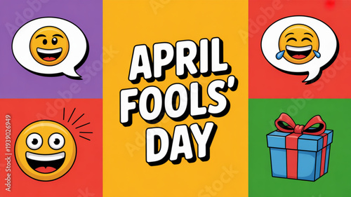 April fools' day celebration with colorful emojis and gift