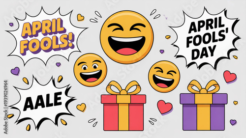 Colorful april fools' day illustration with laughing emojis and gifts on light gray background