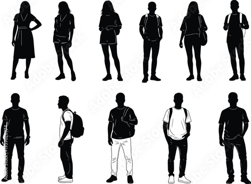 Diverse young people silhouettes in casual everyday outfits with backpacks and bags, standing and side profile poses black vector set