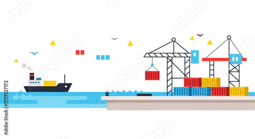 Cargo Ship and Containers at Dockyard.